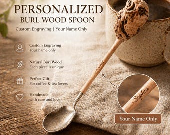 Personalized Burl Wood Spoon, Tin Tea Spoon 20cm, Custom Name Engraved, Handmade Coffee Spoon, Unique Gift for Tea Lovers