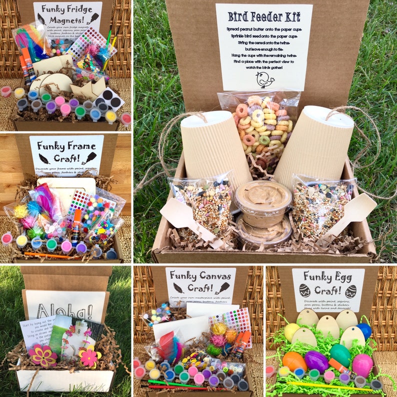 Op de afbeelding: Zes knutselsets in open dozen, elk met een ander thema: Funky koelkastmagneten, Funky frame knutselen, Funky canvas knutselen, Funky ei knutselen, Vogelvoederset en Aloha! Elk set bevat verf, knutselbenodigdheden en instructies.