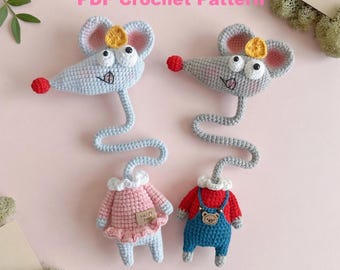 Patrón de crochet pareja de animales: ratón 2-en-1 caballero y dama amigurumi, llavero PDF, colgante para bolso