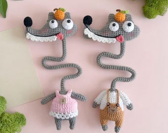 Patrón de crochet amigurumi pareja: lobo caballero y dama 2 en 1 — PDF para llavero/adorno de bolso