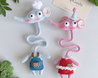 Patrón PDF 2 en 1 ganchillo: pareja de elefantes, colgante para bolso, tutorial de llavero amigurumi de cuello largo