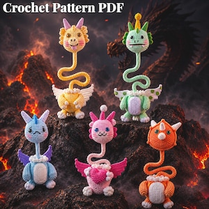 5-in-1 Long Neck Dragon Crochet Pattern, Dragon Amigurumi Keychain Patterns, Bag Charm PDF