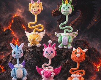 5-in-1 Long Neck Dragon Crochet Pattern, Dragon Amigurumi Keychain Patterns, Bag Charm PDF