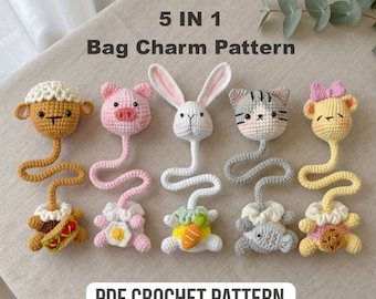Crochet Pattern, Animal Bag Charm PDF, 5-in-1 Long Neck Amigurumi Keychain Tutorial, Digital Download