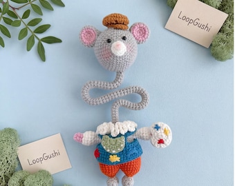 Patrón de ganchillo ratón pintor, colgante para bolso, amigurumi cuello largo, llavero animal artista (PDF)