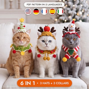 Op de afbeelding: Drie gehaakte accessoiresets voor huisdieren met een kerstboommuts en kraag, een rendiermuts met rode neus en kraag, en een sneeuwpopmuts met gestreepte sjaal. Tekst: PDF PATTERN IN 5 LANGUAGES en 6 IN 1 3 HATS + 3 COLLARS.