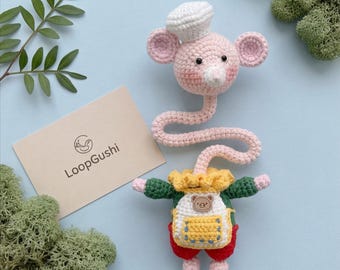 Patrón de ganchillo Ratón Chef, amigurumi, colgante/llavero para bolso de cuello largo (Descarga PDF)