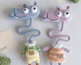 Patrón PDF de crochet hipopótamo amigurumi, encanto 2 en 1 para pareja, tutorial de llavero de cuello largo