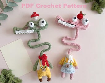 Patrón de crochet de animales en pareja, llavero amigurumi 2 en 1 de cocodrilo caballero y dama en PDF, adorno para bolso