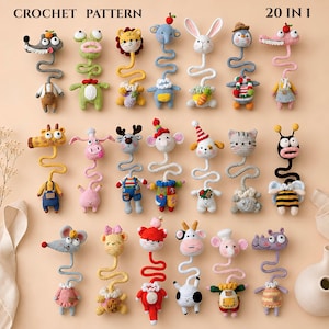 Puede incluir: Una colección de 20 patrones de ganchillo con varios personajes animales de cuerpos largos y ondulados. Cada personaje tiene un diseño de cabeza distintivo, incluyendo una jirafa, elefante, conejo y abeja, unidos a un cordón de ganchillo flexible.