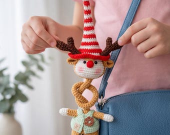 Patrón de reno a ganchillo para bolso, patrón de llavero de Navidad, ciervo amigurumi de cuello largo (Descarga digital)