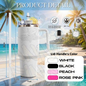 a stainless steel tumbler with a lid and handle, set against a beach scene with palm trees and a clear blue sky.