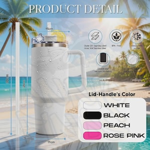 May include: A white stainless steel tumbler with a handle, straw, and lid. The cup features double-wall vacuum insulation, is BPA-free, and keeps drinks hot or cold. Dimensions shown are 30cm total height, 28cm cup height, 15cm width, and 11cm base.
