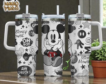 Mickey Mouse Black White 40oz Tumbler with Handle & Straw, Classic Disney Stainless Steel Travel Mug Gift
