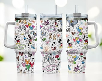 Disney Parks Doodle Character Tumbler with Handle & Straw, Mickey Minnie Castle Balloon Pattern Travel Mug