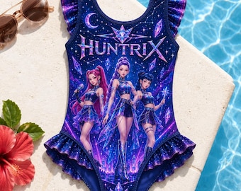 Huntrix Girls Swimsuit KPop Inspired One Piece Ruffle Swimwear Fantasy Character Bathing Suit Kids Beach Outfit
