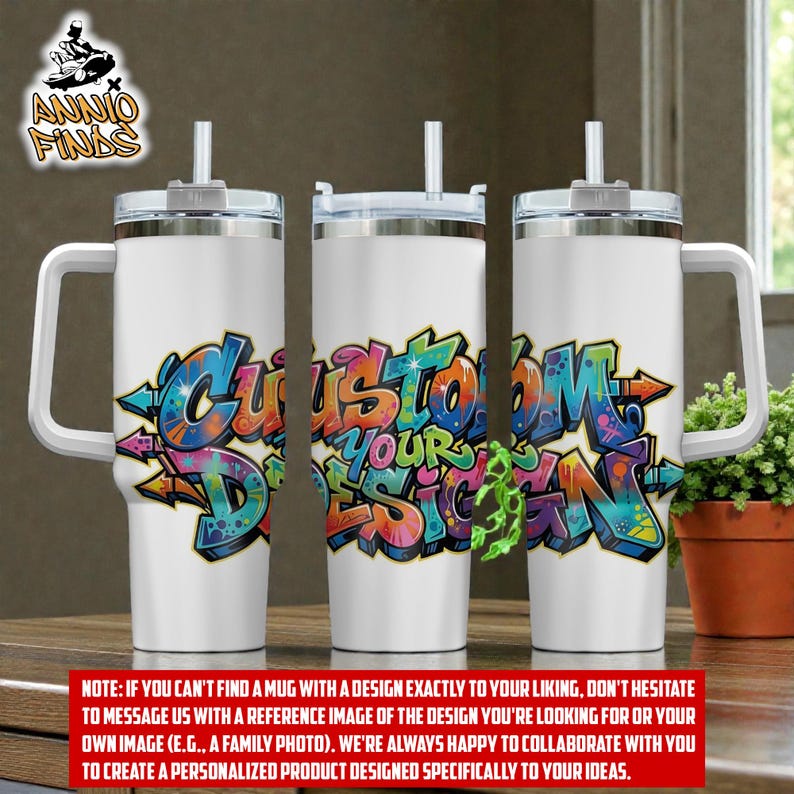 three white tumblers with colorful graffiti-style designs on them.