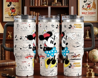 Disney Minnie Mouse Comic Tumbler with Handle, Licensed Character 40oz Travel Mug, Cartoon Stainless Steel Cup with Straw