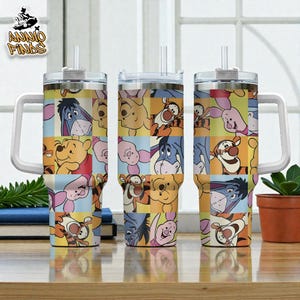 Cute Bear & Friends 40oz Tumbler With Handle, Cartoon Bear Patchwork Travel Mug With Straw Lid, Cute Cartoon Character Gift Cup