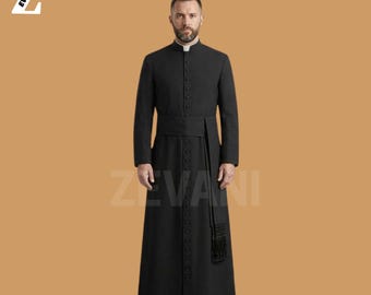 Traditional Black Priest Cassock for Men – Catholic Clergy Robe, Roman Cassock, Church Vestment, Liturgical Clerical Clothing, Priest Outfit