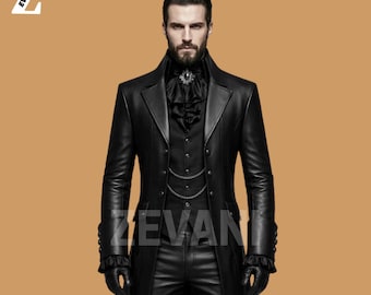 Men's Gothic Leather Trench Coat - Victorian Steampunk Long Jacket - Medieval Vampire Tailcoat - Renaissance Punk Frock Coat -