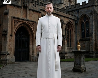 White Priest Cassock with Fascia – Catholic Clergy Robe, Roman Cassock for Priests, Traditional Church Vestment, Priest Clothing.