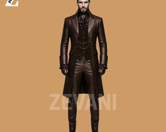 Men's Gothic Leather Trench Coat - Victorian Steampunk Long Jacket - Medieval Vampire Tailcoat - Renaissance Punk Frock Coat -