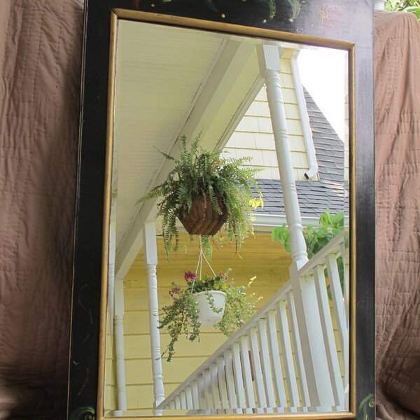 Bedroom Mirror in Black, hand painted flowers 30"/49"