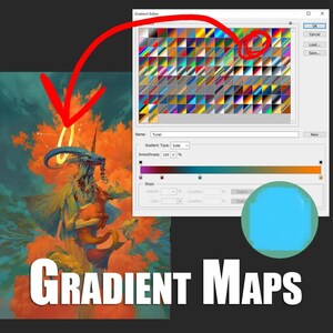 Peut inclure: Image numérique avec le texte "GRADIENT MAPS" en blanc. L'image présente une créature fantastique aux couleurs bleu et or, sur un fond orange et bleu. Une interface logicielle avec des dégradés de couleurs est également visible.