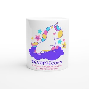 May include: White ceramic mug with a cartoon unicorn design. The unicorn has a rainbow mane and horn, sitting on a purple cloud. Text on the mug reads "DEVOPSICORN" and "JUST LIKE A NORMAL DEVOPS BUT MORE AWESOME". Stars surround the unicorn.