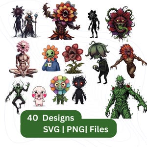 Könnte beinhalten: Eine Sammlung von 40 digitalen Designs mit verschiedenen Fantasy-Kreaturen mit floralen und pflanzenartigen Merkmalen. Die Designs umfassen eine Vielzahl von Farben und Stilen, wobei einige Kreaturen bedrohlich und andere skurril wirken. Der Text "40 Designs SVG | PNG | Files" ist zu sehen.