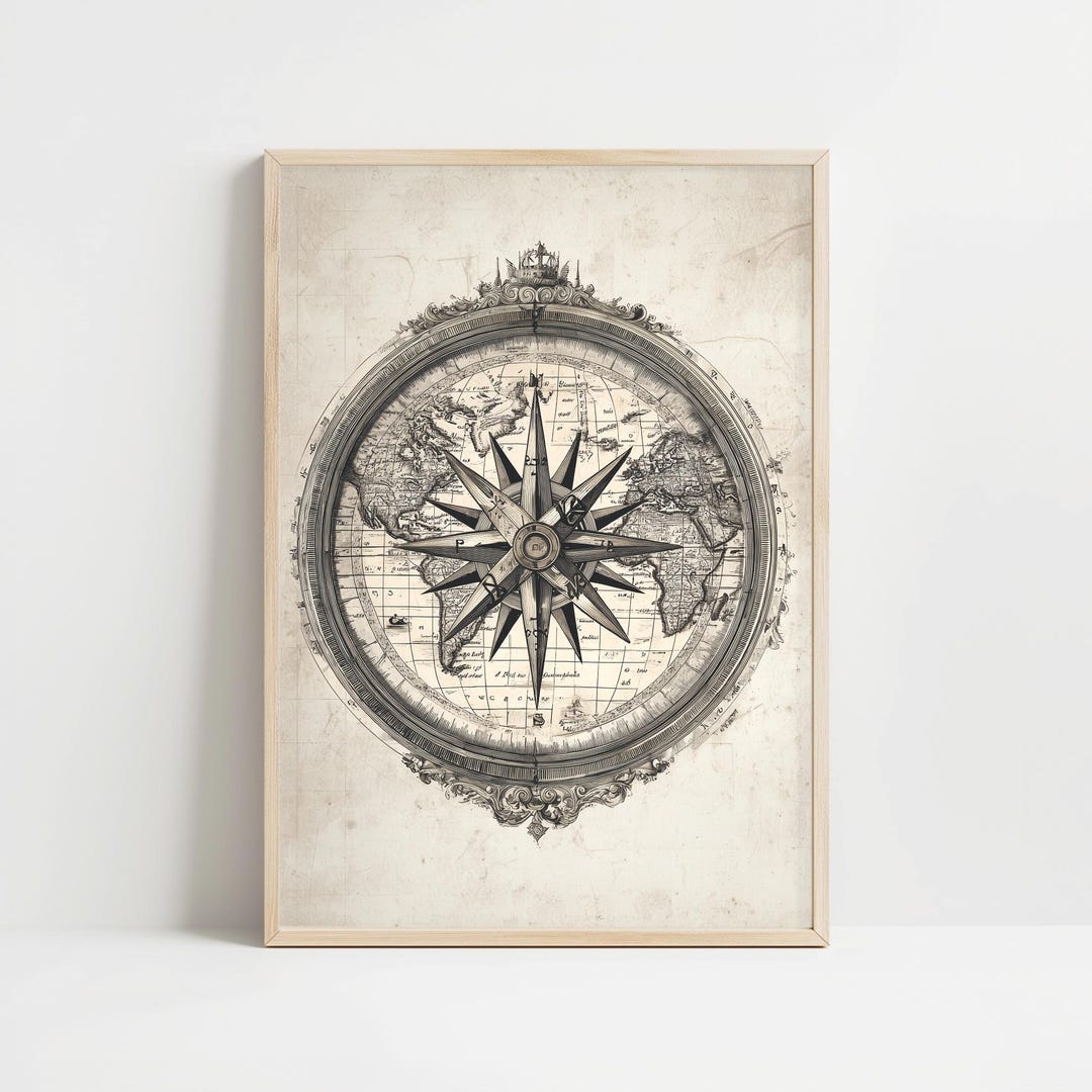 Compass Rose World Map Vintage Nautical Wall Art Office Decor Print ...