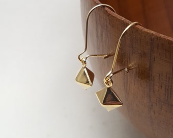 earrings, goldtone, delicate jewelry, puffed diamond shape drops