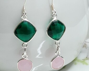 Earrings, Sterling Silver, Glass Drops, Dark Green, Pale Pink