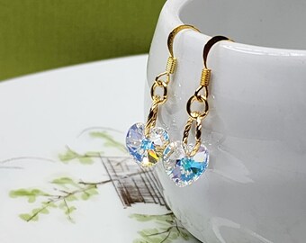earrings, dangle, gold-plated, delicate jewelry, Swarovski heart drop, choose your color