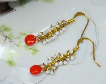 earrings, dangle earrings, gold-plated, Toho seed beads, white beads, red lentil beads, Japan