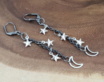 earrings, gunmetal chain, silver moon and star drops, dangle