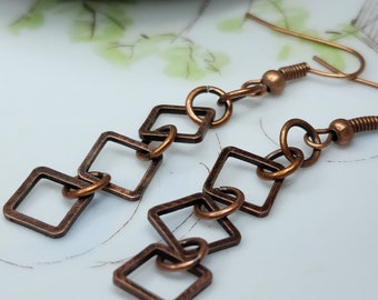 earrings, dangle, copper, antiqued copper, open square drops