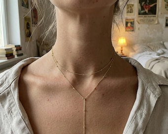 Y Halskette doppelte feine Kette - Gold Edelstahl - Kurze + lange Halskette - Minimalistische Kette - Damen Schmuck