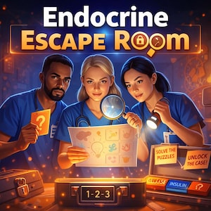 May include: Digital illustration of three medical professionals in blue scrubs, examining clues in an escape room setting. The text "Endocrine ESCAPE Room" is displayed above them. A briefcase with the numbers "1-2-3" is in the foreground.