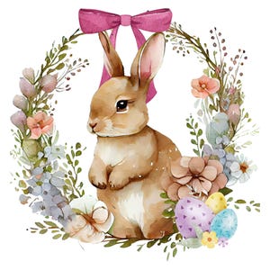 Lapin de Pâques avec couronne et oeufs de Pâques