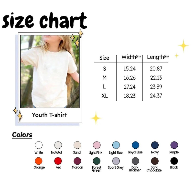 May include: A size chart for a youth t-shirt, featuring a photo of a child wearing the shirt. The chart lists sizes S, M, L, and XL, with corresponding width and length measurements in inches. Color options include white, natural, sand, and more.
