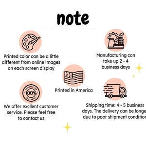 May include: White background with the word "note" in black. The image includes text about color differences, manufacturing time, customer service, and shipping. Icons include a palette, factory, American flag, a guarantee badge, and a delivery truck.