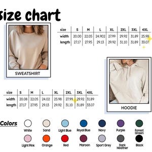 May include: A size chart for sweatshirts and hoodies, with measurements in inches. The chart includes sizes S to 4XL, with width and length dimensions. Color options include white, sand, light blue, and more. The text "size chart" is at the top.