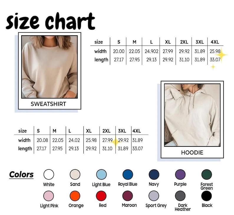 May include: A size chart for sweatshirts and hoodies, with measurements in inches. The chart includes sizes S to 4XL, with width and length dimensions. Color options include white, sand, light blue, and more. The text "size chart" is at the top.