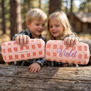 Aesthetic Waffle Texture Plush Pencil Bag Personalized Name Pouch Soft Checkered Makeup Organizer Unique Back to School Gift for Students