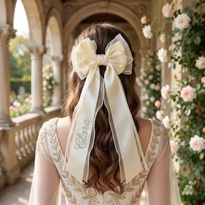 Könnte beinhalten: Ein großer, elfenbeinfarbener Satin-Haar-Schleife mit langen Bändern, bestickt mit dem Namen "Clara". Die Schleife wird mit einem cremefarbenen Kleid mit goldener Stickerei getragen. Die Szene deutet auf eine Hochzeit oder einen besonderen Anlass hin.