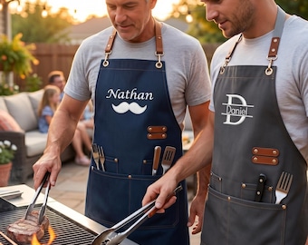 Custom BBQ Apron for Men, Embroidered Grill Apron with Pockets, Personalized Father's Day Gift from Daughter, Waterproof Canvas Apron