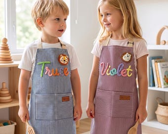Delantal infantil personalizado a rayas con nombre personalizado, parche de animal en 3D, regalo de cocina para niños y niñas, ropa de repostería estética, regalo de cumpleaños único