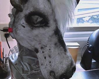 May include: A detailed, grayscale canine mask with black ears and a white and gray face. The mask features a white, fluffy fringe and dark eye sockets. The mask is mounted on a cardboard box.